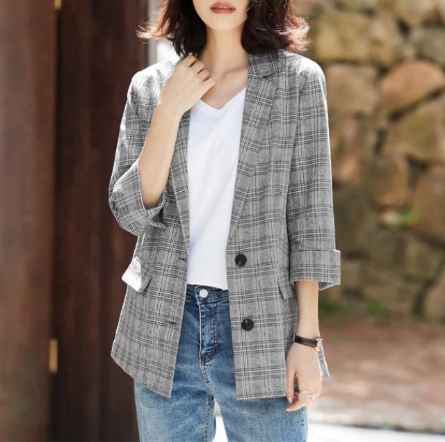 [해외] 여성 신상 면린넨 면마 루즈핏 테일러드카라 체크무늬 정장 자켓
