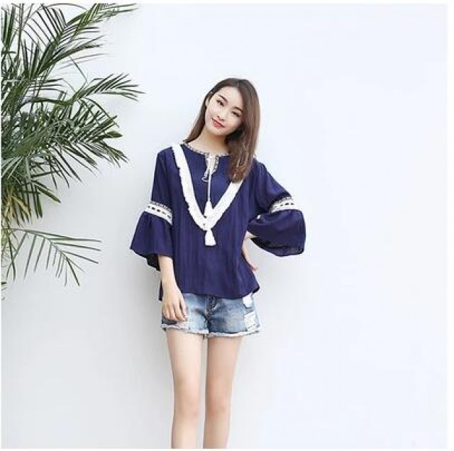 [해외] 인기신상 여성 여름 반소매 블라우스 면마 패션 민족풍 복고풍 v넥 티셔츠