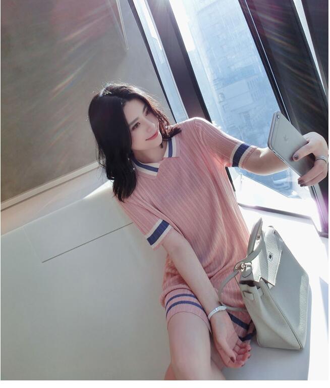 [해외] 여성 신상 스트레이트 반팔 셔츠 스커트 여름 스트라이프 칼라 니트 원피스