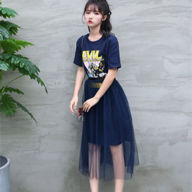 [해외] 신상 여름 캐주얼 패션 여성 라운드넥 롱 티셔츠 망사스커트 달콤한 투피스