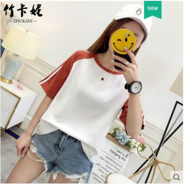 [해외] 여성 여름 반발 티셔츠 루즈핏 학생 배색