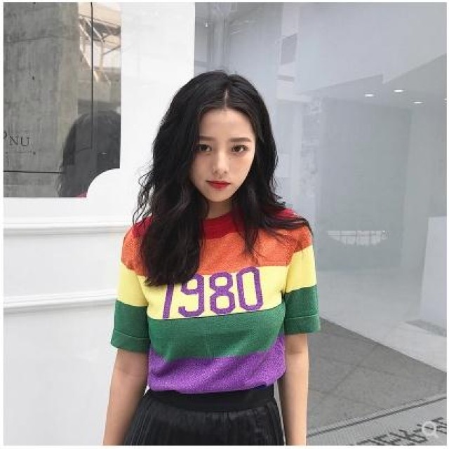 [해외] 여성 신상 캐주얼 무지개 스트라이프 티셔츠