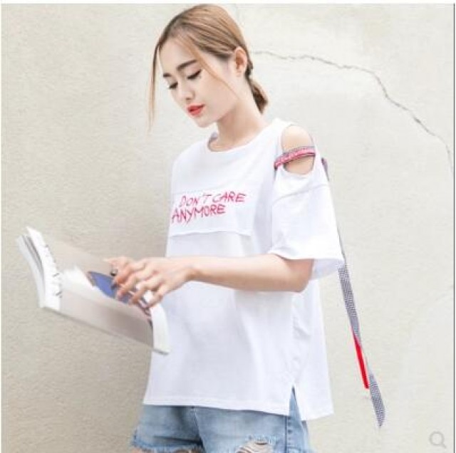 [해외] 인기신상 여성 여름 패션 반소매 티셔츠 나염 테이프 오프 숄더