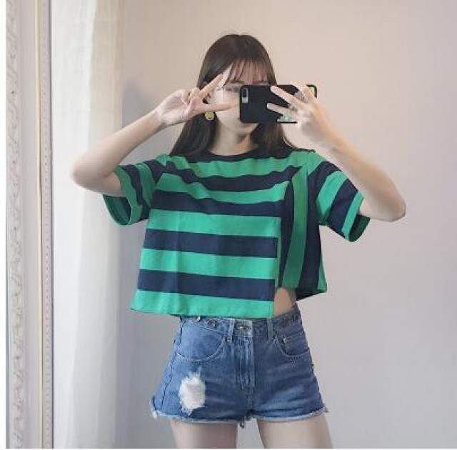 [해외] 인기신상 여성 여름 패션 반소매 티셔츠 스트라이프 불규칙 면