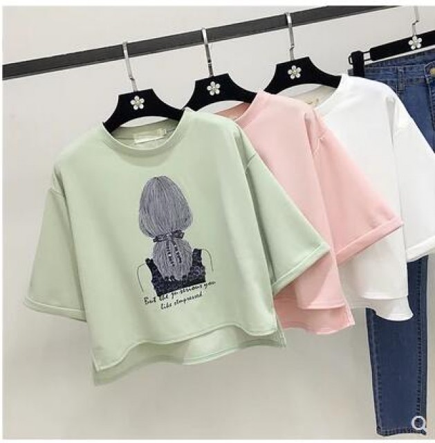 [해외] 인기신상 여성 여름 패션 반소매 티셔츠 면 학생 루즈핏 숏 가오리소매