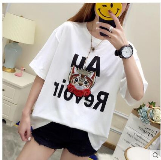 [해외] 여성 여름 티셔츠 반팔 패션 BF풍 캐주얼 루즈핏 학생 배색 자수 나염