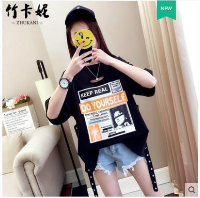 [해외] 여성 여름 반발 티셔츠 루즈핏 학생 bf풍 나염 대미지 패션 쿨