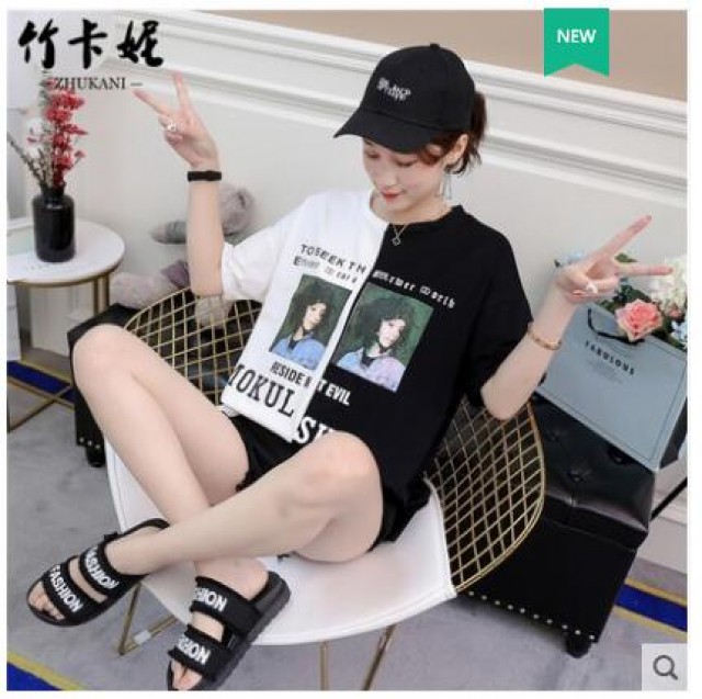 [해외] 여성 여름 반발 티셔츠 루즈핏 학생 bf풍 나염 대미지 패션 쿨 패색