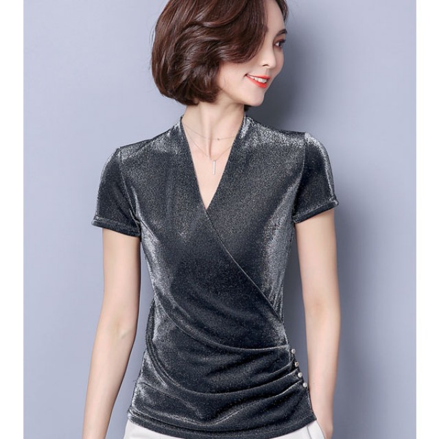 [해외] 신상 캐주얼 패션 여성 브이넥 슬림 빅사이즈 짧은 소매 순색 망사 티셔츠