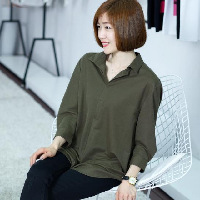 [해외] 여성 신상 빅사이즈 순색 솔리드 9부소매 티셔츠 풀오버