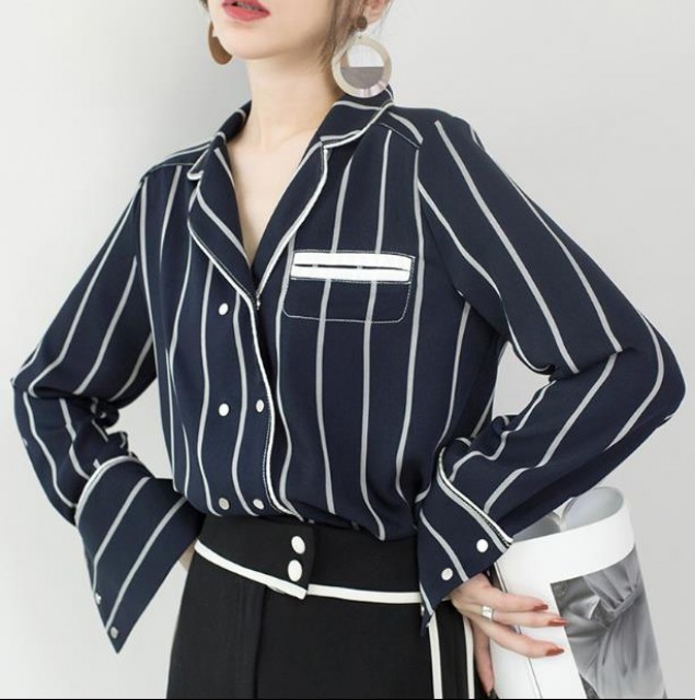 [해외] 봄신상 여성 패션 캐주얼 빈티지 슬림 스트라이프 남방 와이셔츠