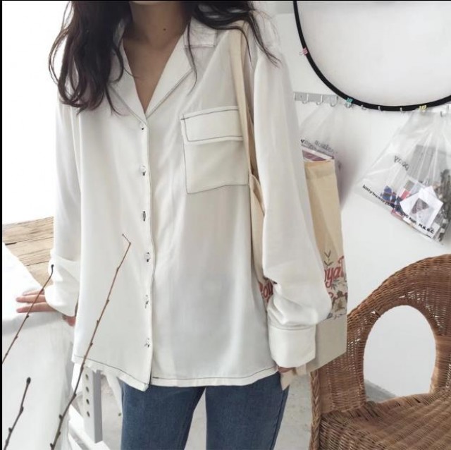 [해외] 봄신상 여성 패션 캐주얼 복고 슬림 라인포인트 루즈핏 남방 긴팔와이셔츠