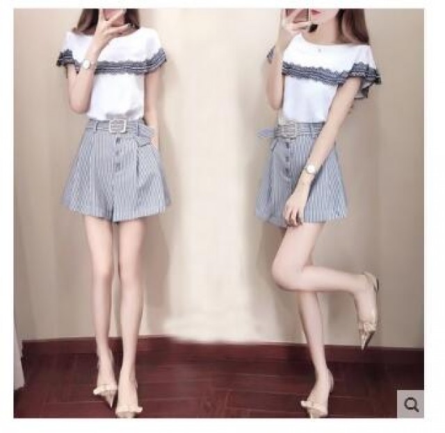 [해외] 인기신상 여성 여름 반팔셔츠+스커트 패션 투피스 레이스 스트라이프