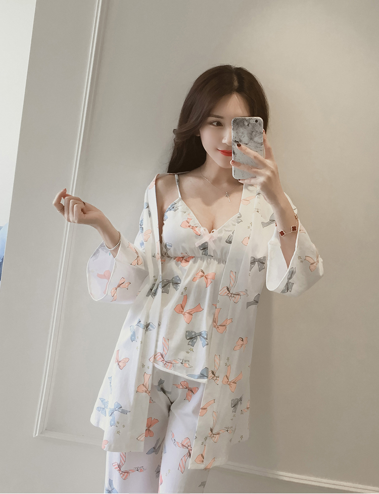 [해외] 여성 신상 봄 달콤한 소녀 순면 리본 프린트 세트 잠옷 실내복