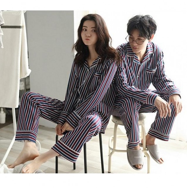 [해외] 신상 스타일리쉬 순면 스트라이트 커플 잠옷 홈웨어 가정복 파자마 세트