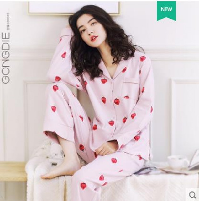 [해외] 신상 여성 퀄리티 캐주얼 상하순면 홈웨어 투피스 러블리 딸기 잠옷세트