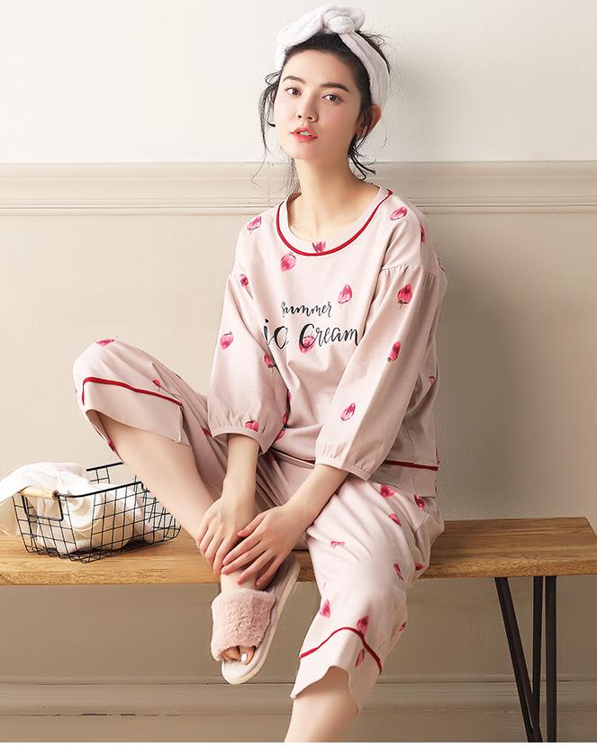 [해외] 신상 여성 퀄리티 캐주얼 상하순면 홈웨어 투피스 러블리 잠옷세트