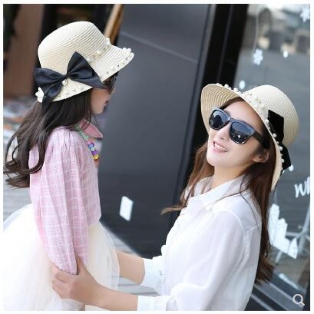 [해외] 여성 여름 모자 썬캡 밀집모자 패션모자 리본 진주 비즈 패밀리룩