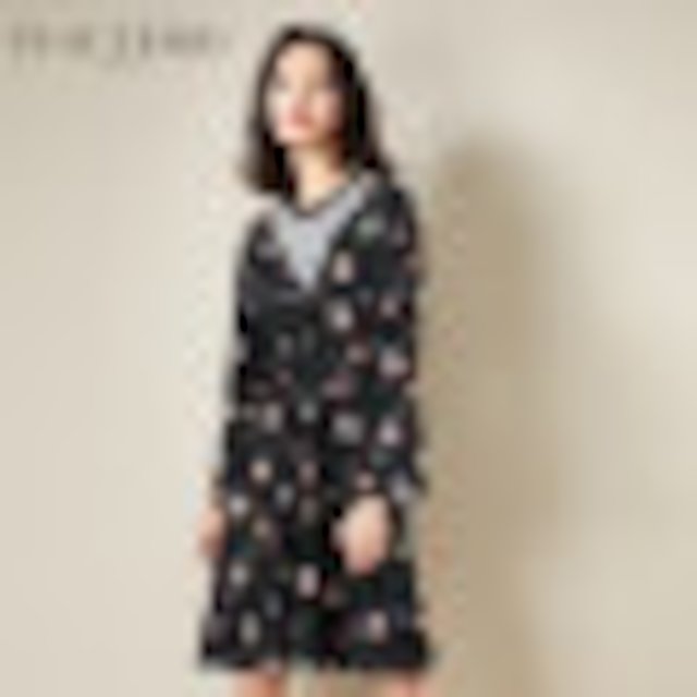 [해외]W1436B6 시 폰 드레스 여성 니트 V 목 바느질 인쇄 드레스 Taiping 새 여성의 긴 단락 가짜 두 조각에 새