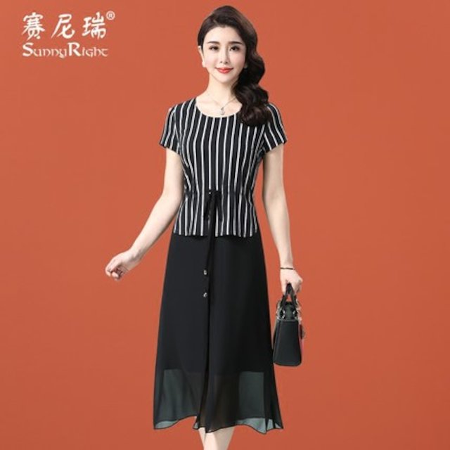 [해외] 여름원피스 짧은소매원피스 여성복 얇은원피스 시폰원피스 스트라이프 드레스