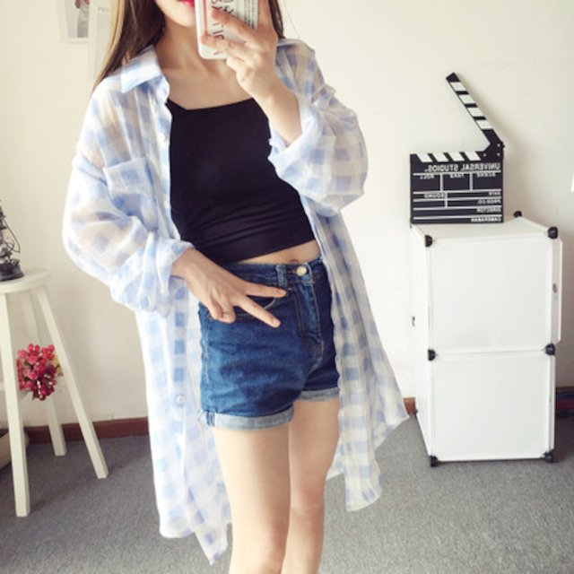 [해외] 여름 여성 신상 자외선 차단 의류 블라우스 얇은 격자 무늬 셔츠 긴팔 래쉬 가드
