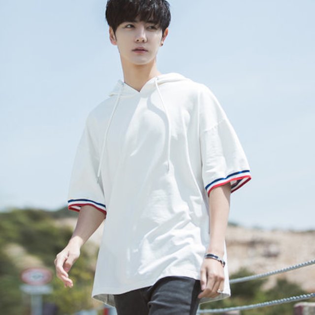 [해외] 여름 신상 남성 순백색 청소년 5부 후드 루즈 핏 쇼트 셔츠 후드 티셔츠