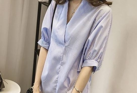 [해외] 스트라이프무늬 5부소매 여성 블라우스
