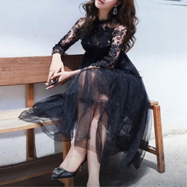 [해외] 여성의류 블랙 레이스 메쉬 드레스