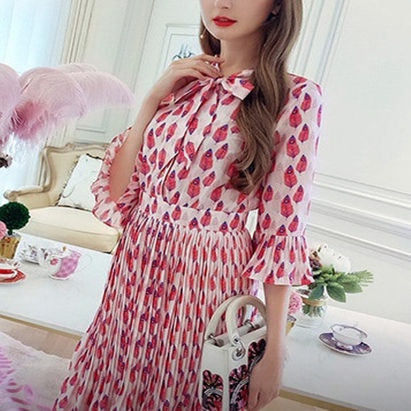 [해외] 여성의류 꽃잎 패턴 핑크 원피스