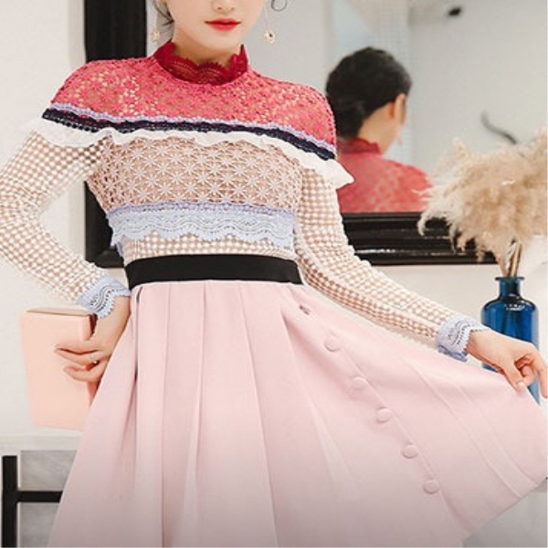 [해외] 여성의류 핑크 레이스 원피스