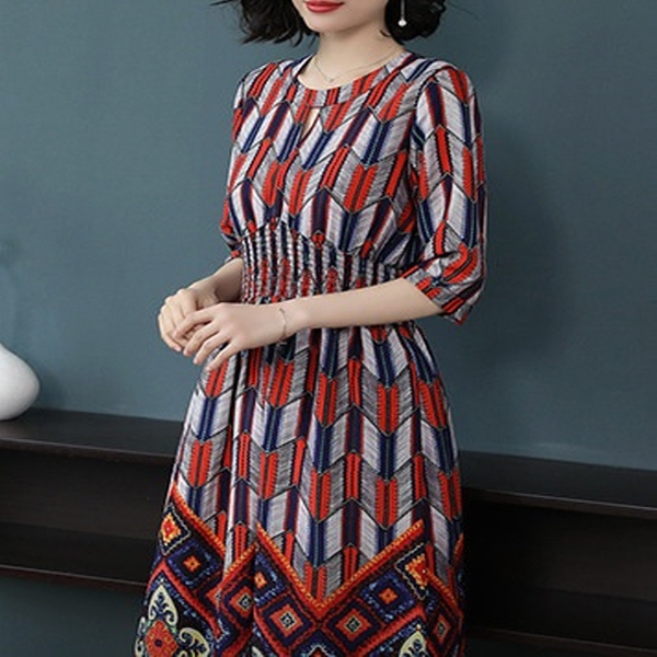 [해외] 여성의류 쉬폰 패턴 실크 프린팅 드레스