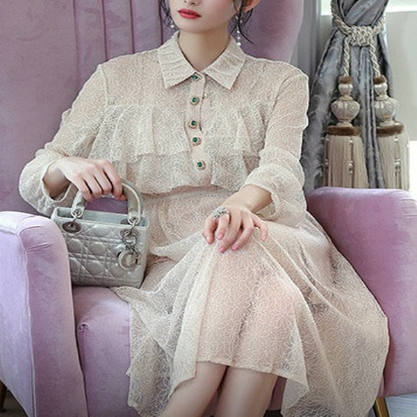 [해외] 여성의류 엘틴 에메랄드 버튼 포인트 메쉬 드레스