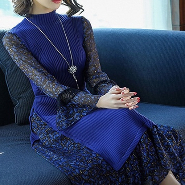 [해외] 여성의류 블루 니트 탑 믹스 드레스