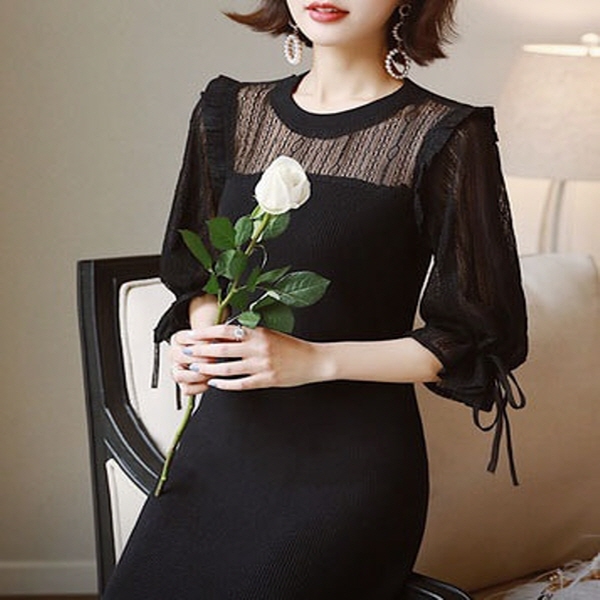 [해외] 여성의류 레이스 배색 니트 드레스