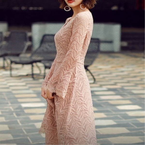 [해외] 여성의류 소프트 와이드 레이스 벨 소매 드레스