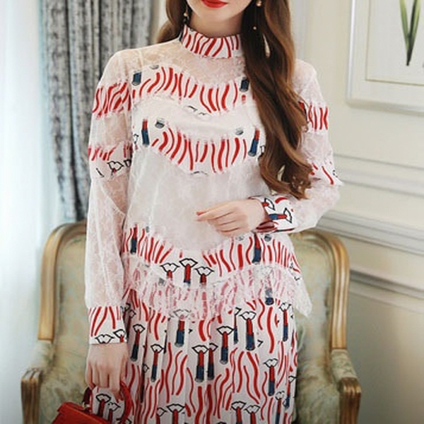 [해외] 여성의류 프린팅 스티치 레이스 루즈 슬링 드레스