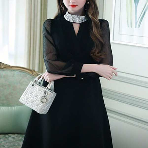 [해외] 여성의류 럭셔리 블랙 레이스 스티치 헤징 드레스