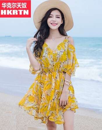 [해외] 프린팅 쉬폰 원피스 여성 여름 느슨한 끈 멜빵 비치 원피스 스커트