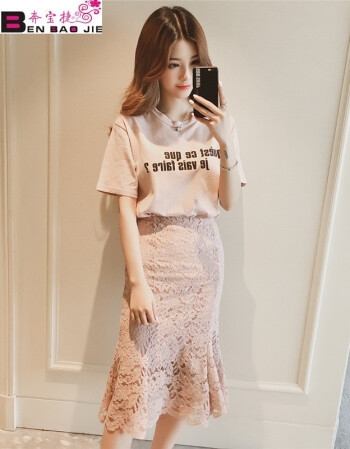 [해외] 2018년 신상 여름 여성 반소매 티셔츠 레저 정장 여성 레이스 스커트 패키지