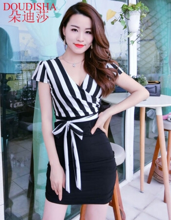 [해외] 섹시한 숙녀 2018년 패션 원피스 패키지 스커트 흰색 줄무늬 원피스
