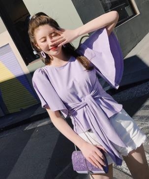 [해외] 매듭끈 여성 프릴 소매 반팔 티셔츠