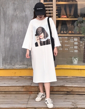[해외] 여름 여성 학생 프린팅 슬리브 T 셔츠 원피스