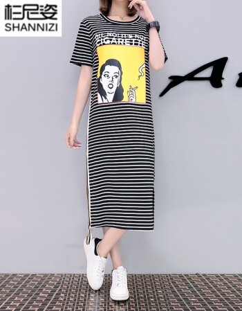 [해외] 2018년 신상 여름 여성 느슨한 반소매 T 셔츠 프린팅 여성 줄무늬 원피스