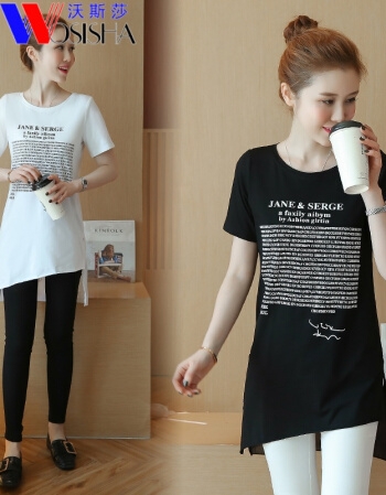 [해외] 여성 문자 프린팅 짧은 소매 쉬폰 비대칭 스티칭 느슨한 T 셔츠 원피스